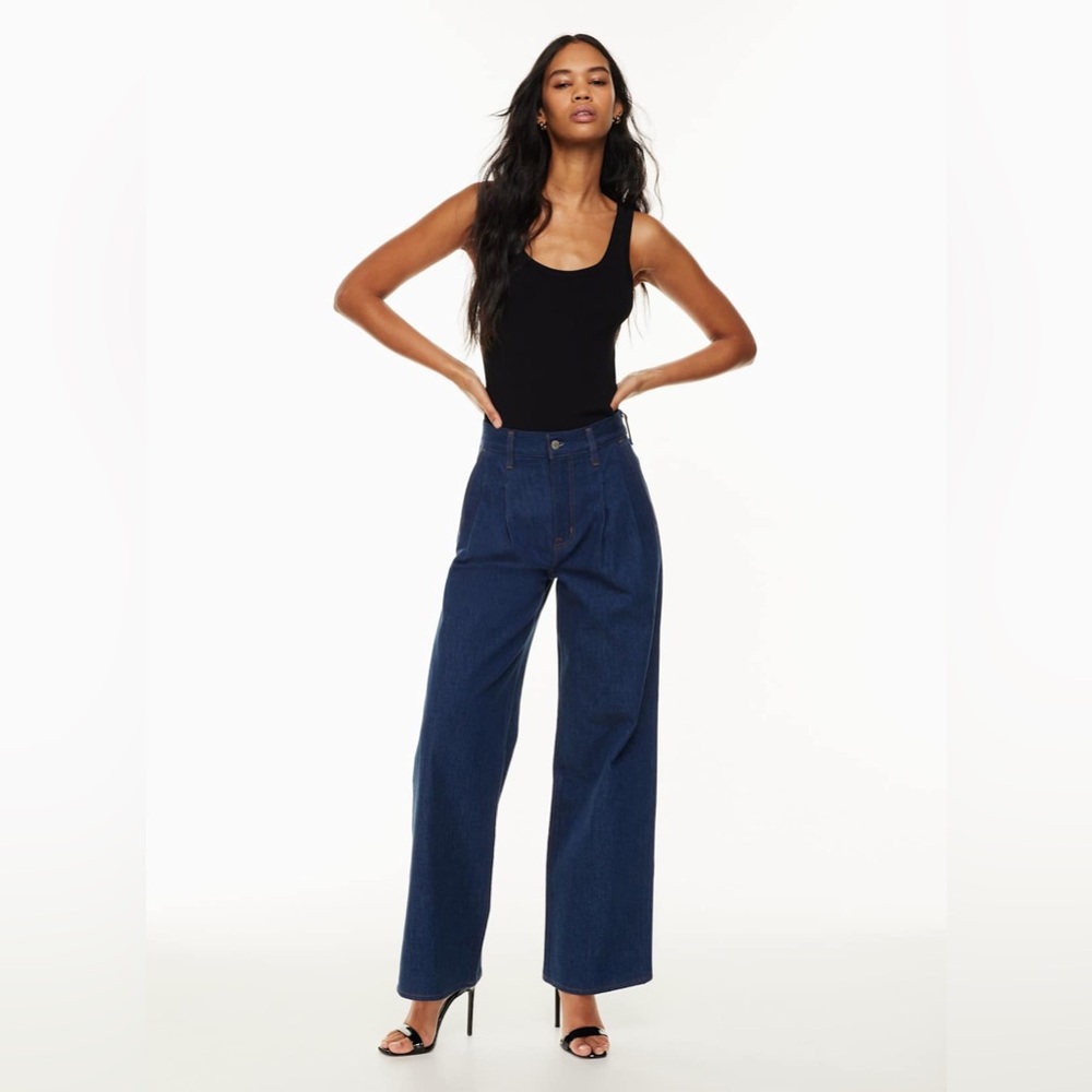 Denim Forum Wide Leg Flare Jeans in Dark Blue